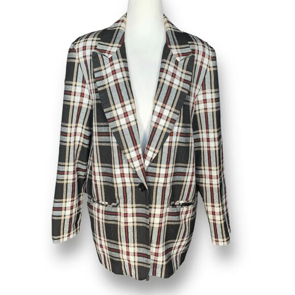 Vintage 90s Blazer Jacket Oversized Black Tan Plaid One Button Preppy Small - Picture 9 of 9
